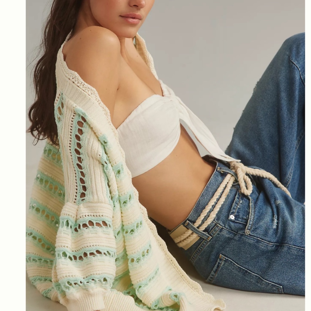 Anthropologie Cream and Green Striped Cardigan